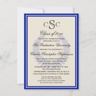 Invitation Blue Monogram Laurel Classic College Graduation