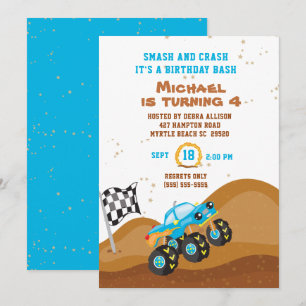 Invitation Blue Monster Truck 4th Birthday Racing