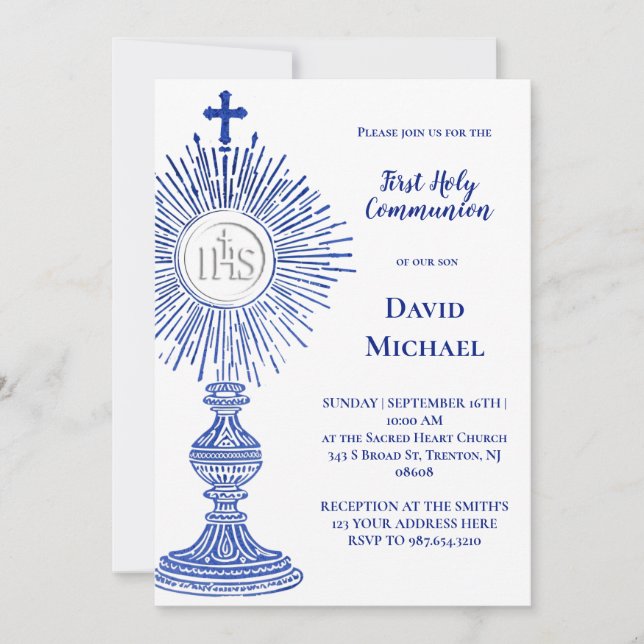 Invitation blue monstrance design | First Holy Communion (Devant)
