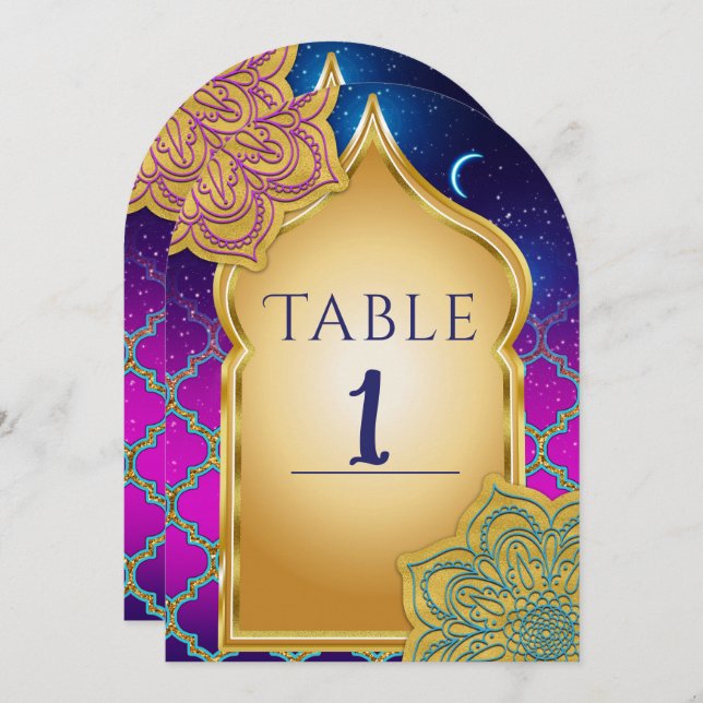 Invitation Blue Moon Arabe Nights Glam Gold Table Numéro (Devant / Derrière)