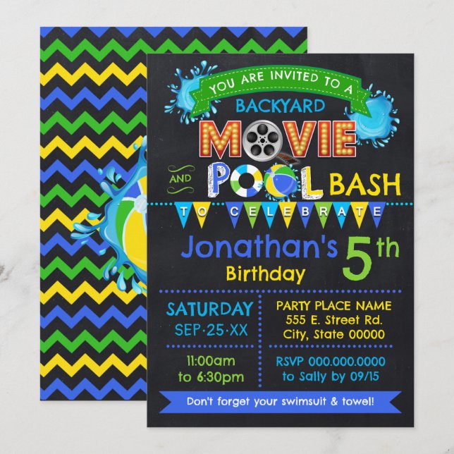 Invitation Blue Movie and Pool Anniversaire fête d'été (Devant / Derrière)