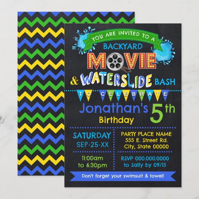 Invitation Blue Movie & Waterslide Anniversaire de enfant Sum (Devant / Derrière)
