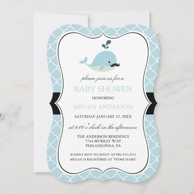 Invitation Blue Mustache Whale Cute Boy Baby shower (Devant)