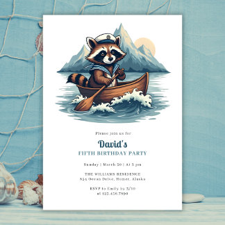 Invitation Blue Nautical Cute Fishing Raccoon Anniversaire