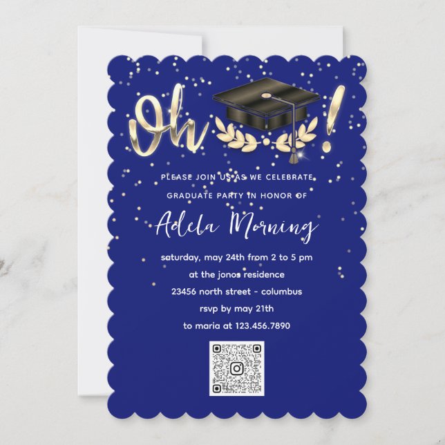 Invitation Blue Navy Golden Confetti Graduate Party QR Code (Devant)