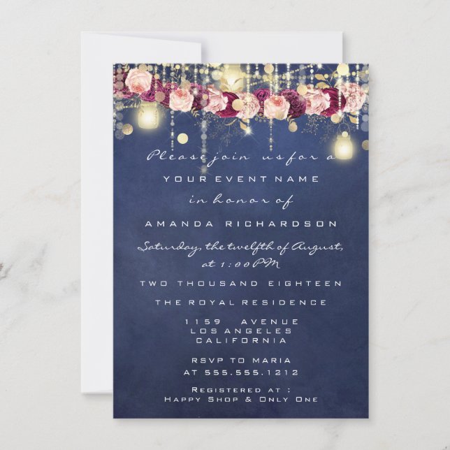 Invitation Blue Navy Rustic Gold Lumières Jar Mariage (Devant)