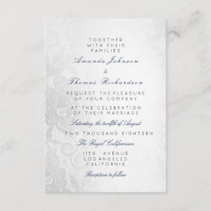 Invitation Blue Navy Silver Grey Lace Mariage Floral