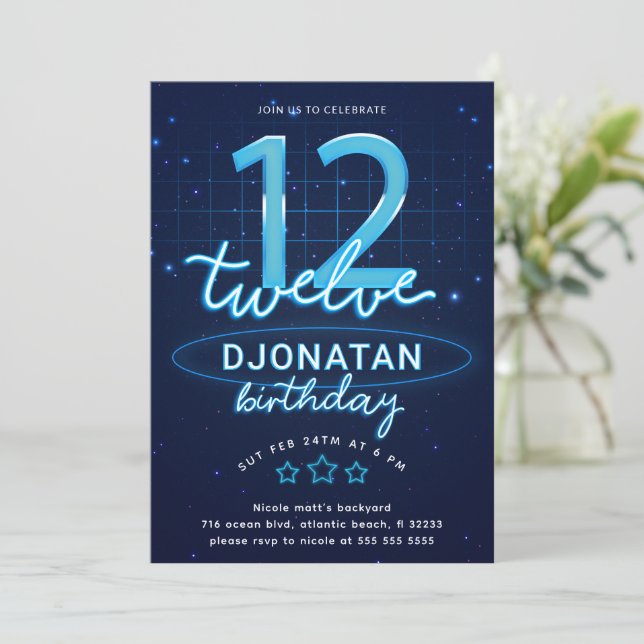 Invitation Blue Neon 12e fête d'anniversaire Faisons de la fo (Debout devant)