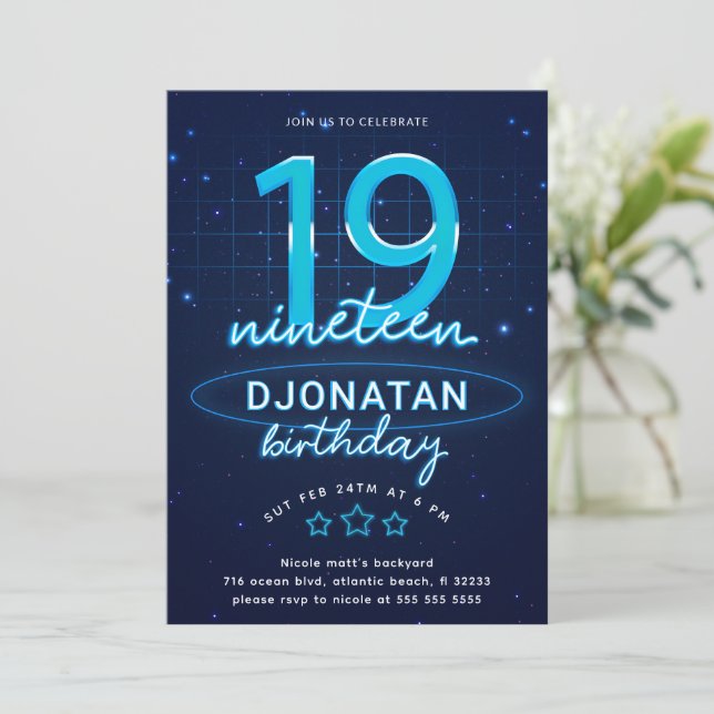 Invitation Blue Neon 19e fête d'anniversaire Faisons de la fo (Debout devant)