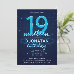 Invitation Blue Neon 19e fête d'anniversaire Faisons de la fo