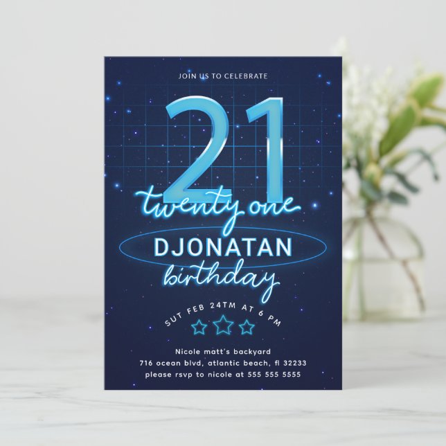 Invitation Blue Neon 21e fête d'anniversaire Faisons de la fo (Debout devant)