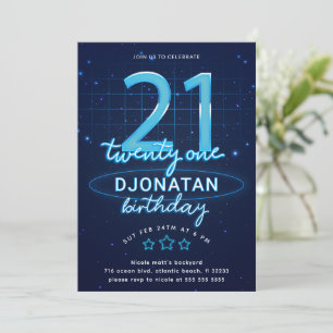 Invitation Blue Neon 21e fête d'anniversaire Faisons de la fo