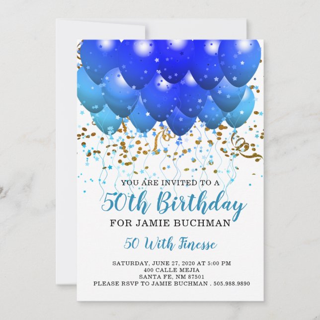 Invitation Blue Neon Balloons Confetti 50e fête d'anniversair (Devant)