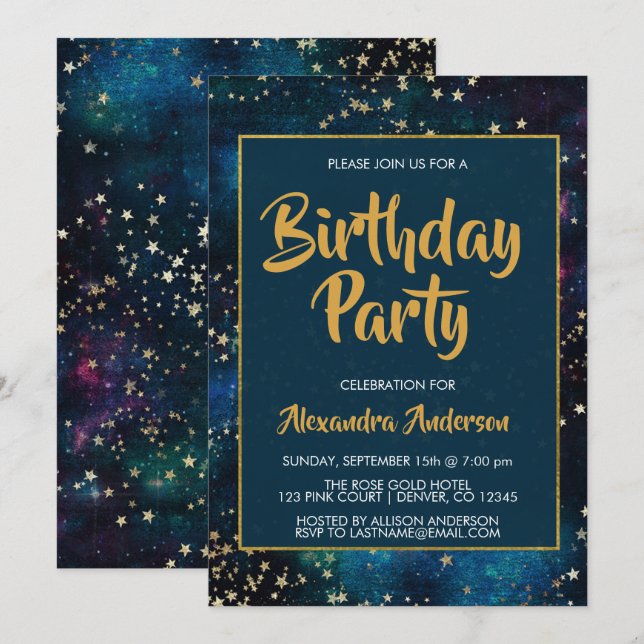 Invitation Blue Night Sky avec Gold Foil Stars Anniversaire (Devant / Derrière)