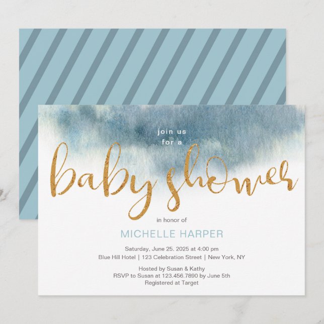 Invitation Blue Nuages Baby Boy Douche (Devant / Derrière)