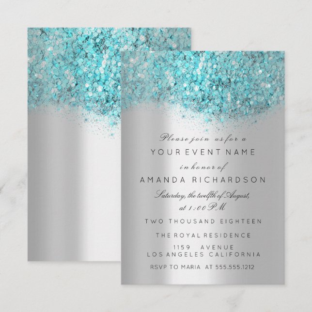 Invitation Blue Ocean Confetti Silver Grey Bridal Sweet 16e (Devant / Derrière)