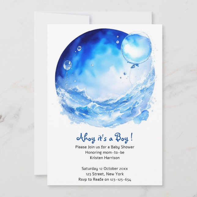 Invitation Blue Ocean Waves Nautical Boy Baby shower (Devant)