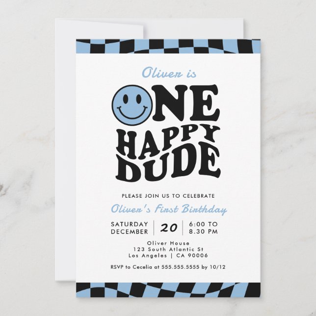 Invitation Blue One Happy Dude Preppy Smile Boy 1er anniversa (Devant)