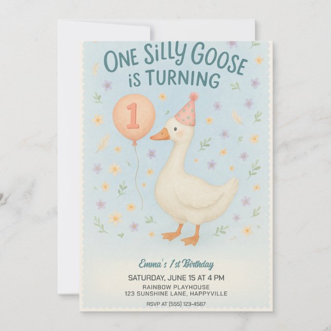 Invitation Blue One Silly Goose 1er Anniversaire Pour Filles (Devant)