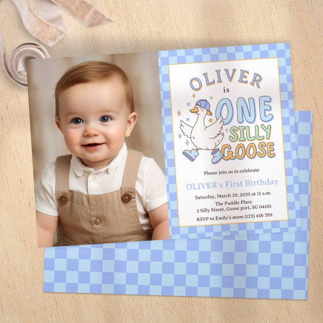 Invitation Blue One Silly Goose - Garçon 1er Anniversaire Pho (Blue One Silly Goose - Retro Boy First Birthday Photo Invitation.)