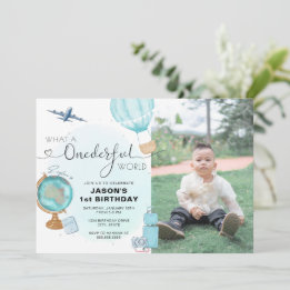Invitation Blue ONEderful World Photo 1er Anniversaire Invita