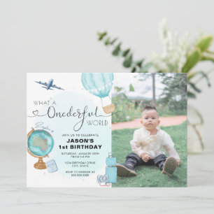 Invitation Blue ONEderful World Photo 1er Anniversaire Invita