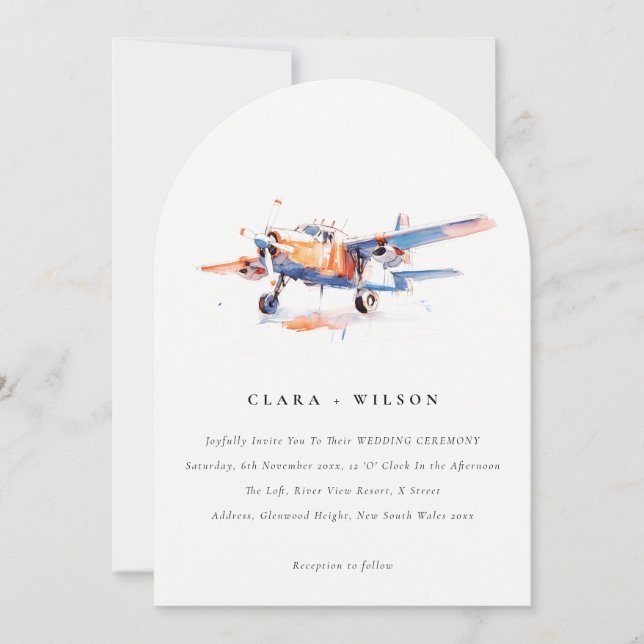 Invitation Blue Orange Blush Aquarelle Air Plane Mariage (Devant)