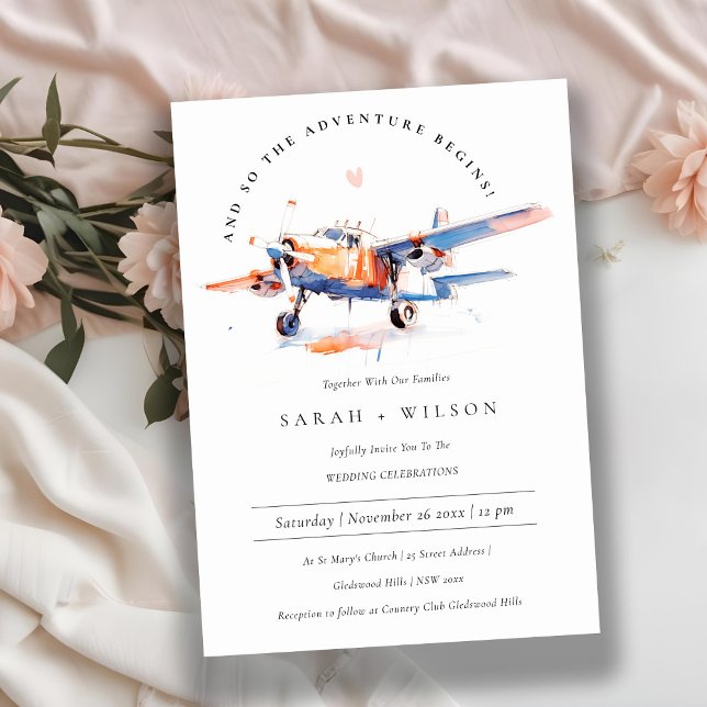 Invitation Blue Orange Blush Aquarelle Air Plane Mariage (Créateur téléchargé)