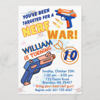 Invitation Blue Orange Boys BD Party- Nerf War 10th Birthday