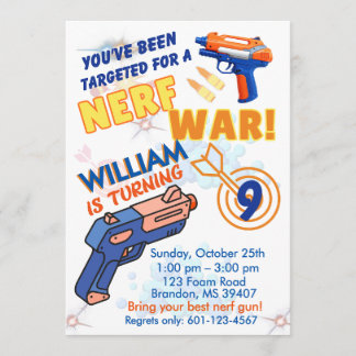 Invitation Blue Orange Boys BD Party- Nerf War 9th Birthday