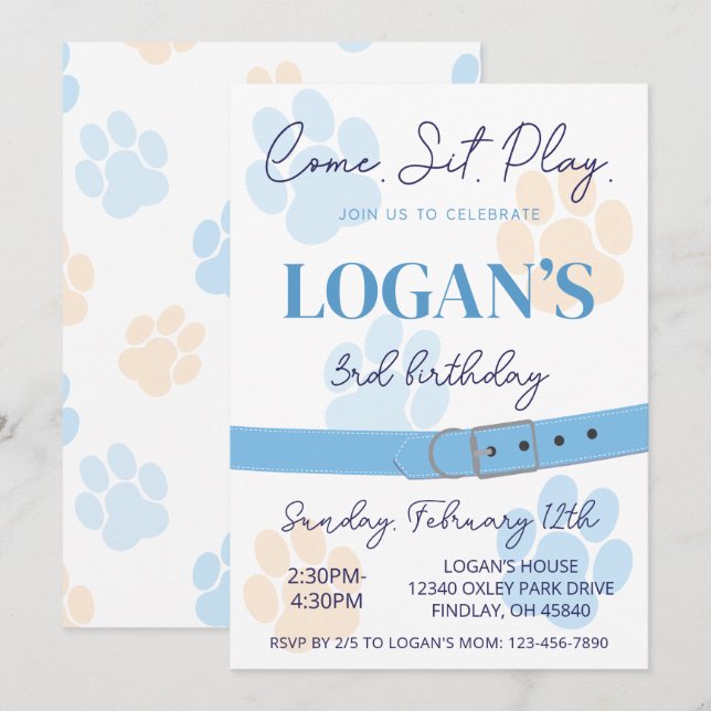 Invitation Blue Orange Chien Empreinte de patte fête d'annive (Devant / Derrière)