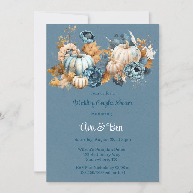 Invitation Blue Orange Citrouille Peony Mariage Couples Douch (Devant)