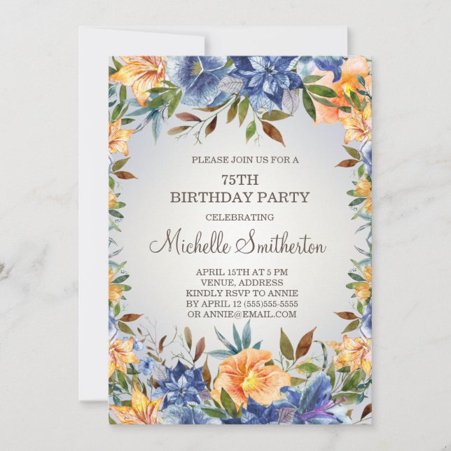 Invitation Blue Orange Floral 75e anniversaire (Devant)