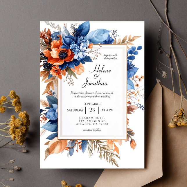 Invitation Blue Orange Terracotta Floral Boho Elegant Wedding (Blue Orange Terracotta Floral Boho Elegant Wedding Invitation)