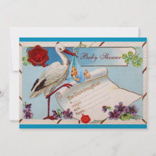 INVITATION BLUE OUBLIE-MOI NOTES, STORK BABY SHOWER MONOGRAM