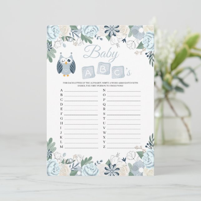 Invitation Blue Owl Floral Baby shower Baby ABC's Game Card (Debout devant)