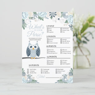 Invitation Blue Owl Floral What's In Your Purse Game Card
