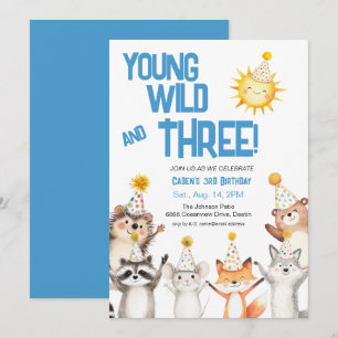 Invitation Blue Party Forest Animaux Casquettes 3e anniversai