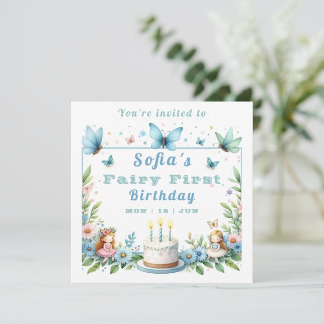 Invitation Blue Pastel Butterfly Fairy First Birday - (Debout devant)
