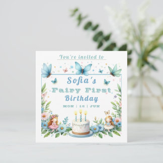 Invitation Blue Pastel Butterfly Fairy First Birday -