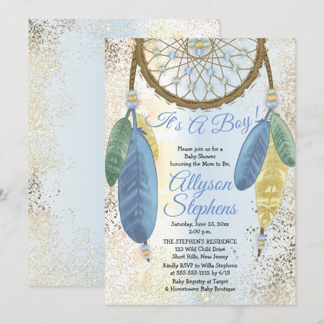 Invitation Blue Pastel Dreamcatcher C'est un Baby shower garç (Devant / Derrière)