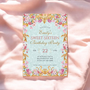 Invitation Blue Pastel Gold Sweet sixteen Rococo Anniversaire