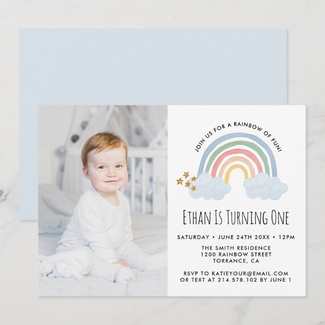 Invitation Blue Pastel Rainbow of Fun 1er Anniversaire Photo (Devant / Derrière)