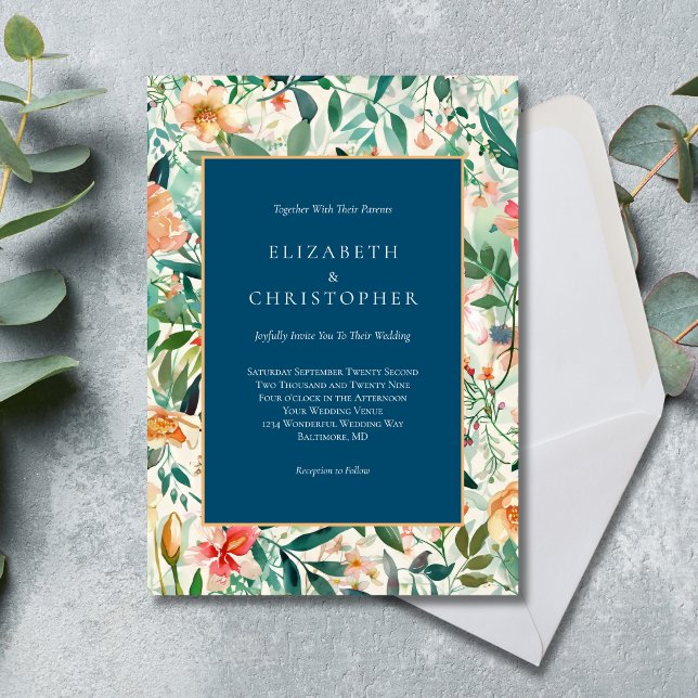 Invitation Blue Peach Green Floral Aquarelle Mariage élégant (Blue Peach Green Floral Watercolor Elegant Modern Wedding Invitation)