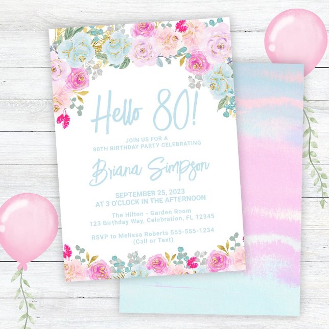 Invitation Blue Peach Purple Floral 80ème anniversaire fête (Créateur téléchargé)
