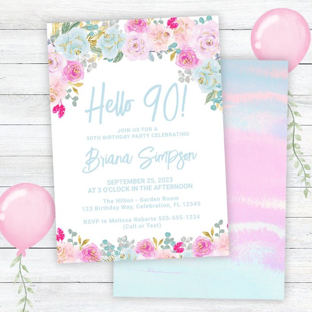 Invitation Blue Peach Purple Floral 90ème anniversaire fête (Créateur téléchargé)