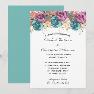 Invitation Blue Peach Rose Floral Formal Elégant Mariage