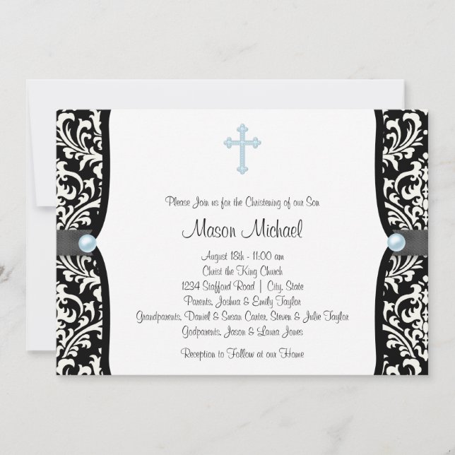 Invitation Blue Pearl Croix Bleu Noir Damas Christening (Devant)