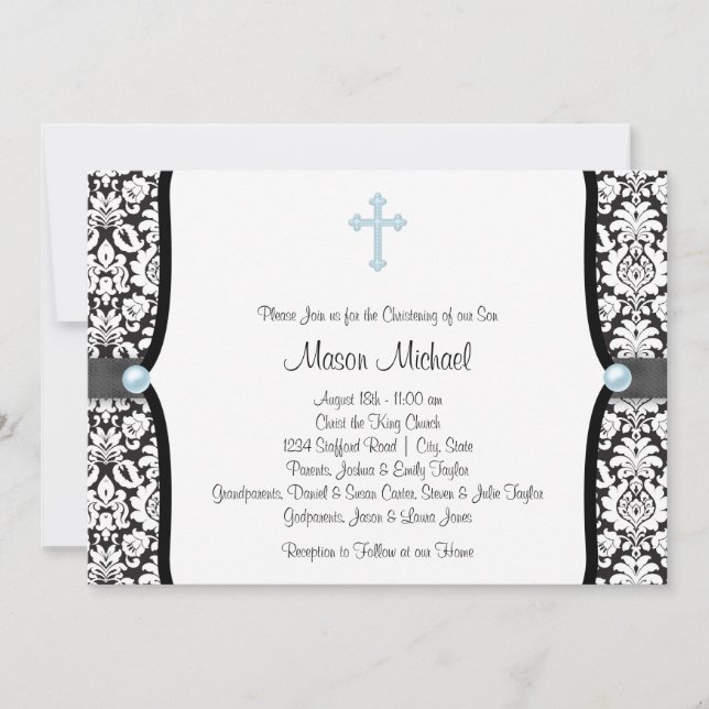 Invitation Blue Pearl Cross Blue Black Damask Christening (Devant)