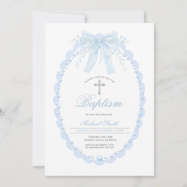 Invitation Blue Pearl Oval Baptism Boy Christening with Cross (Devant)